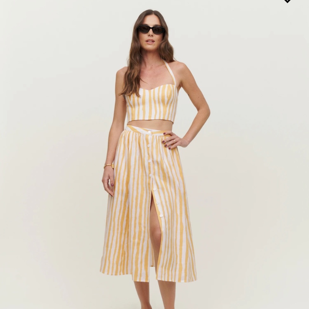Reformation, Orzo Linen two piece NWT size 4, yellow & white stripe pattern